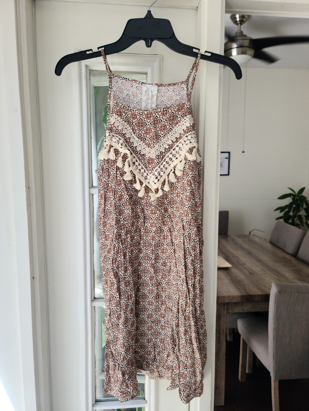 Sadie & Sage Cream and Brown Printed Tassel-Trim Midi Dress